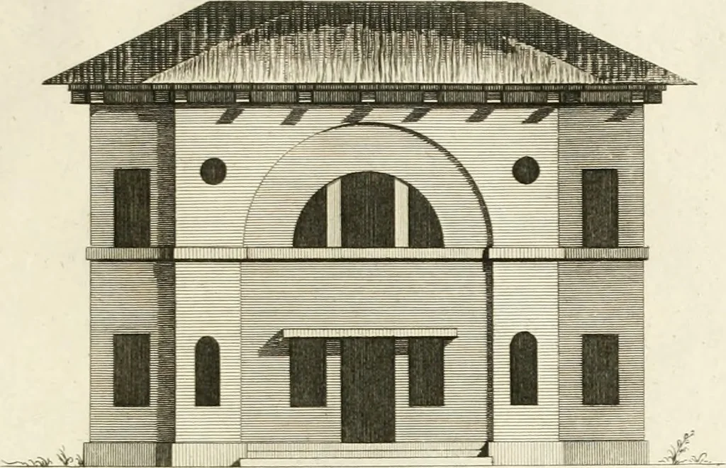 An illustration from The builder's magazine, or, A universal dictionary for architects, carpenters, masons, bricklayers, &c. as well as for every gentleman who would wish to be a competent judge of the elegant and necessary art of building : consisting of designs in architecture ... : together with the plans and sections serving as an unerring assistant in the construction of any building, from a palace to a cottage ..., 1800, leaf 208
