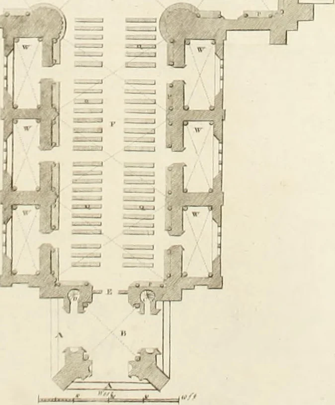 An illustration from The builder's magazine, or, A universal dictionary for architects, carpenters, masons, bricklayers, &c. as well as for every gentleman who would wish to be a competent judge of the elegant and necessary art of building : consisting of designs in architecture ... : together with the plans and sections serving as an unerring assistant in the construction of any building, from a palace to a cottage ..., 1800, leaf 223