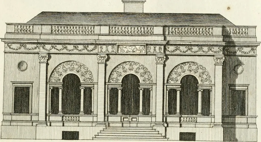 An illustration from The builder's magazine, or, A universal dictionary for architects, carpenters, masons, bricklayers, &c. as well as for every gentleman who would wish to be a competent judge of the elegant and necessary art of building : consisting of designs in architecture ... : together with the plans and sections serving as an unerring assistant in the construction of any building, from a palace to a cottage ..., 1800, leaf 24