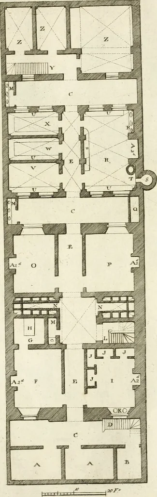 An illustration from The builder's magazine, or, A universal dictionary for architects, carpenters, masons, bricklayers, &c. as well as for every gentleman who would wish to be a competent judge of the elegant and necessary art of building : consisting of designs in architecture ... : together with the plans and sections serving as an unerring assistant in the construction of any building, from a palace to a cottage ..., 1800, leaf 244