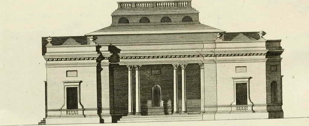 An illustration from The builder's magazine, or, A universal dictionary for architects, carpenters, masons, bricklayers, &c. as well as for every gentleman who would wish to be a competent judge of the elegant and necessary art of building : consisting of designs in architecture ... : together with the plans and sections serving as an unerring assistant in the construction of any building, from a palace to a cottage ..., 1800, leaf 258
