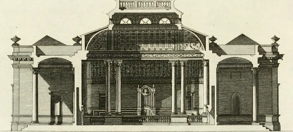 An illustration from The builder's magazine, or, A universal dictionary for architects, carpenters, masons, bricklayers, &c. as well as for every gentleman who would wish to be a competent judge of the elegant and necessary art of building : consisting of designs in architecture ... : together with the plans and sections serving as an unerring assistant in the construction of any building, from a palace to a cottage ..., 1800, leaf 264