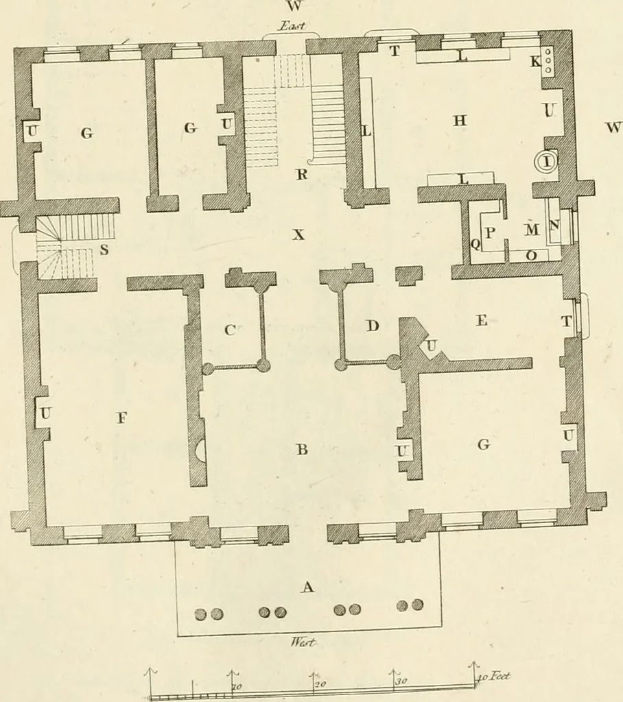 An illustration from The builder's magazine, or, A universal dictionary for architects, carpenters, masons, bricklayers, &c. as well as for every gentleman who would wish to be a competent judge of the elegant and necessary art of building : consisting of designs in architecture ... : together with the plans and sections serving as an unerring assistant in the construction of any building, from a palace to a cottage ..., 1800, leaf 278
