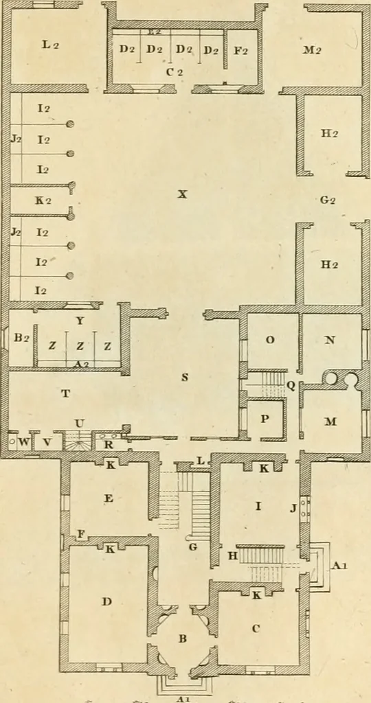 An illustration from The builder's magazine, or, A universal dictionary for architects, carpenters, masons, bricklayers, &c. as well as for every gentleman who would wish to be a competent judge of the elegant and necessary art of building : consisting of designs in architecture ... : together with the plans and sections serving as an unerring assistant in the construction of any building, from a palace to a cottage ..., 1800, leaf 280