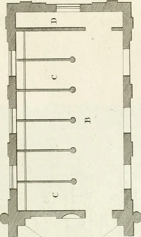 An illustration from The builder's magazine, or, A universal dictionary for architects, carpenters, masons, bricklayers, &c. as well as for every gentleman who would wish to be a competent judge of the elegant and necessary art of building : consisting of designs in architecture ... : together with the plans and sections serving as an unerring assistant in the construction of any building, from a palace to a cottage ..., 1800, leaf 294