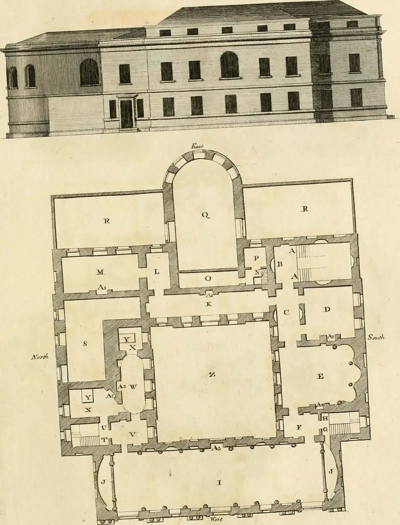 An illustration from The builder's magazine, or, A universal dictionary for architects, carpenters, masons, bricklayers, &c. as well as for every gentleman who would wish to be a competent judge of the elegant and necessary art of building : consisting of designs in architecture ... : together with the plans and sections serving as an unerring assistant in the construction of any building, from a palace to a cottage ..., 1800, leaf 312
