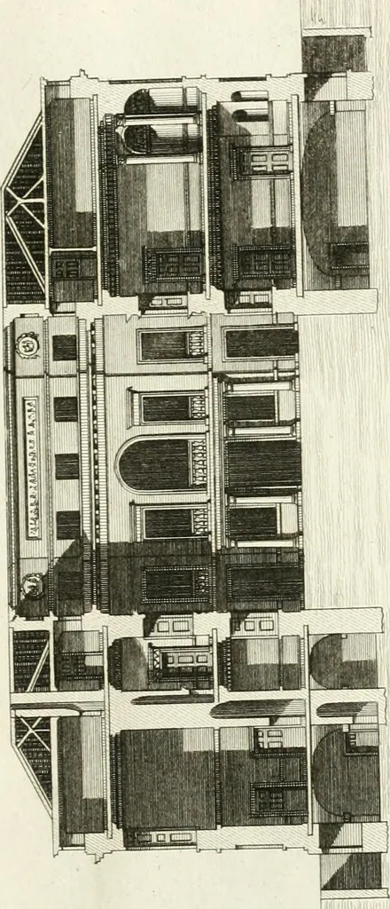 An illustration from The builder's magazine, or, A universal dictionary for architects, carpenters, masons, bricklayers, &c. as well as for every gentleman who would wish to be a competent judge of the elegant and necessary art of building : consisting of designs in architecture ... : together with the plans and sections serving as an unerring assistant in the construction of any building, from a palace to a cottage ..., 1800, leaf 318