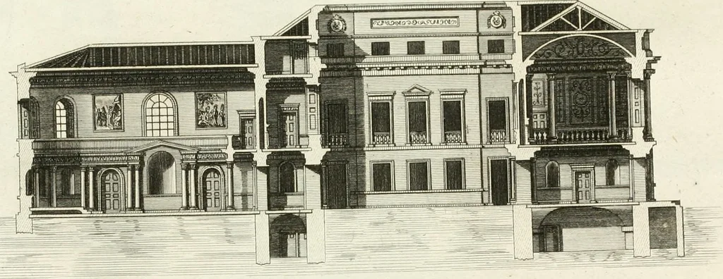 An illustration from The builder's magazine, or, A universal dictionary for architects, carpenters, masons, bricklayers, &c. as well as for every gentleman who would wish to be a competent judge of the elegant and necessary art of building : consisting of designs in architecture ... : together with the plans and sections serving as an unerring assistant in the construction of any building, from a palace to a cottage ..., 1800, leaf 320