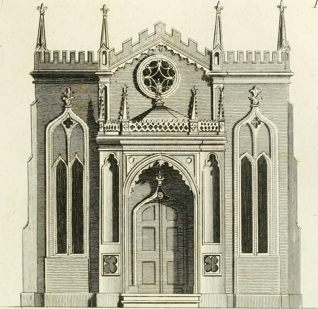 An illustration from The builder's magazine, or, A universal dictionary for architects, carpenters, masons, bricklayers, &c. as well as for every gentleman who would wish to be a competent judge of the elegant and necessary art of building : consisting of designs in architecture ... : together with the plans and sections serving as an unerring assistant in the construction of any building, from a palace to a cottage ..., 1800, leaf 34