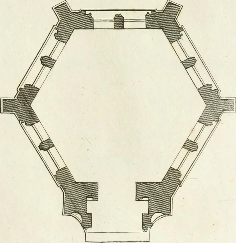 An illustration from The builder's magazine, or, A universal dictionary for architects, carpenters, masons, bricklayers, &c. as well as for every gentleman who would wish to be a competent judge of the elegant and necessary art of building : consisting of designs in architecture ... : together with the plans and sections serving as an unerring assistant in the construction of any building, from a palace to a cottage ..., 1800, leaf 34