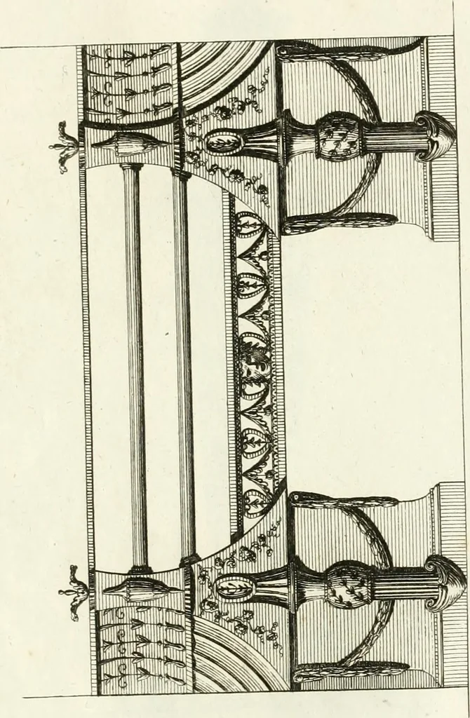 An illustration from The builder's magazine, or, A universal dictionary for architects, carpenters, masons, bricklayers, &c. as well as for every gentleman who would wish to be a competent judge of the elegant and necessary art of building : consisting of designs in architecture ... : together with the plans and sections serving as an unerring assistant in the construction of any building, from a palace to a cottage ..., 1800, leaf 340