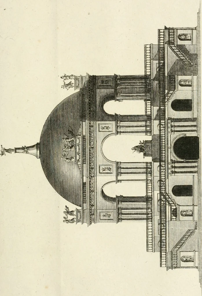 An illustration from The builder's magazine, or, A universal dictionary for architects, carpenters, masons, bricklayers, &c. as well as for every gentleman who would wish to be a competent judge of the elegant and necessary art of building : consisting of designs in architecture ... : together with the plans and sections serving as an unerring assistant in the construction of any building, from a palace to a cottage ..., 1800, leaf 344