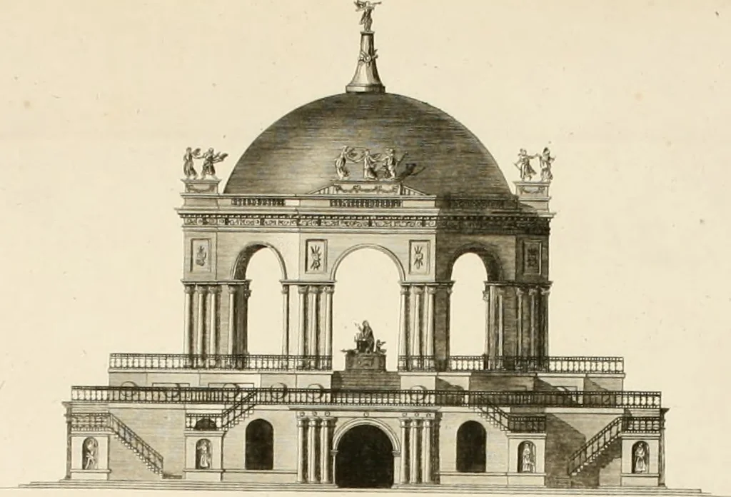 An illustration from The builder's magazine, or, A universal dictionary for architects, carpenters, masons, bricklayers, &c. as well as for every gentleman who would wish to be a competent judge of the elegant and necessary art of building : consisting of designs in architecture ... : together with the plans and sections serving as an unerring assistant in the construction of any building, from a palace to a cottage ..., 1800, leaf 345
