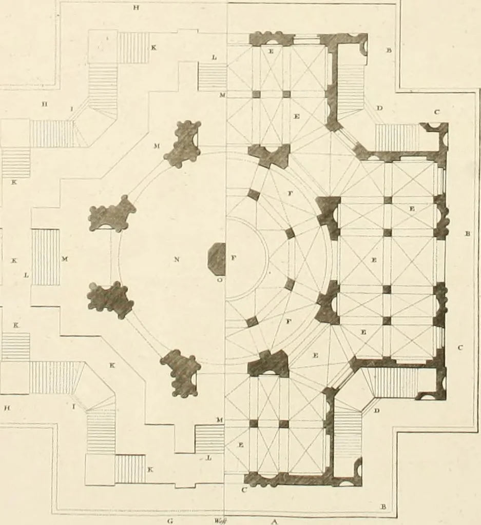 An illustration from The builder's magazine, or, A universal dictionary for architects, carpenters, masons, bricklayers, &c. as well as for every gentleman who would wish to be a competent judge of the elegant and necessary art of building : consisting of designs in architecture ... : together with the plans and sections serving as an unerring assistant in the construction of any building, from a palace to a cottage ..., 1800, leaf 345