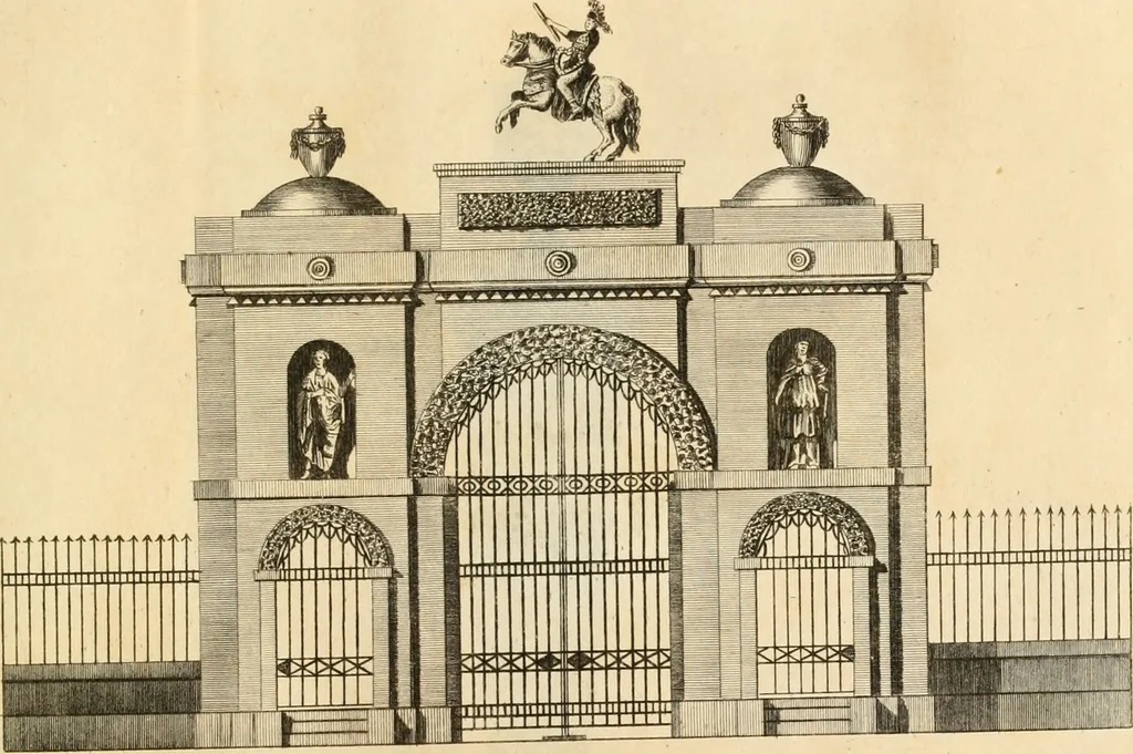 An illustration from The builder's magazine, or, A universal dictionary for architects, carpenters, masons, bricklayers, &c. as well as for every gentleman who would wish to be a competent judge of the elegant and necessary art of building : consisting of designs in architecture ... : together with the plans and sections serving as an unerring assistant in the construction of any building, from a palace to a cottage ..., 1800, leaf 346