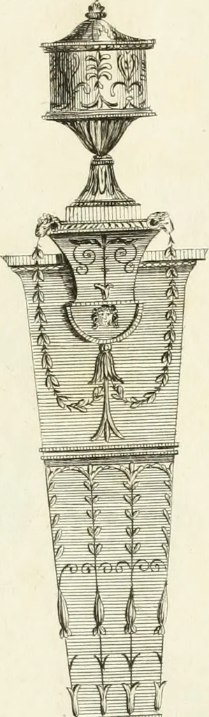 An illustration from The builder's magazine, or, A universal dictionary for architects, carpenters, masons, bricklayers, &c. as well as for every gentleman who would wish to be a competent judge of the elegant and necessary art of building : consisting of designs in architecture ... : together with the plans and sections serving as an unerring assistant in the construction of any building, from a palace to a cottage ..., 1800, leaf 348