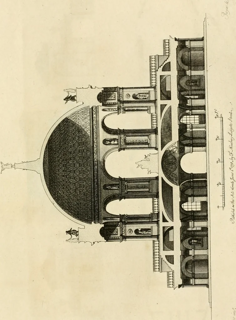 An illustration from The builder's magazine, or, A universal dictionary for architects, carpenters, masons, bricklayers, &c. as well as for every gentleman who would wish to be a competent judge of the elegant and necessary art of building : consisting of designs in architecture ... : together with the plans and sections serving as an unerring assistant in the construction of any building, from a palace to a cottage ..., 1800, leaf 350