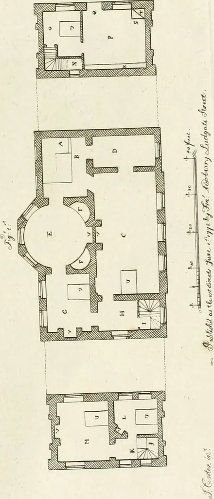 An illustration from The builder's magazine, or, A universal dictionary for architects, carpenters, masons, bricklayers, &c. as well as for every gentleman who would wish to be a competent judge of the elegant and necessary art of building : consisting of designs in architecture ... : together with the plans and sections serving as an unerring assistant in the construction of any building, from a palace to a cottage ..., 1800, leaf 354