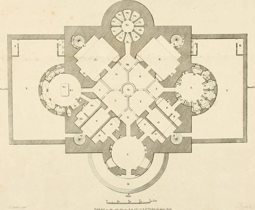 An illustration from The builder's magazine, or, A universal dictionary for architects, carpenters, masons, bricklayers, &c. as well as for every gentleman who would wish to be a competent judge of the elegant and necessary art of building : consisting of designs in architecture ... : together with the plans and sections serving as an unerring assistant in the construction of any building, from a palace to a cottage ..., 1800, leaf 359