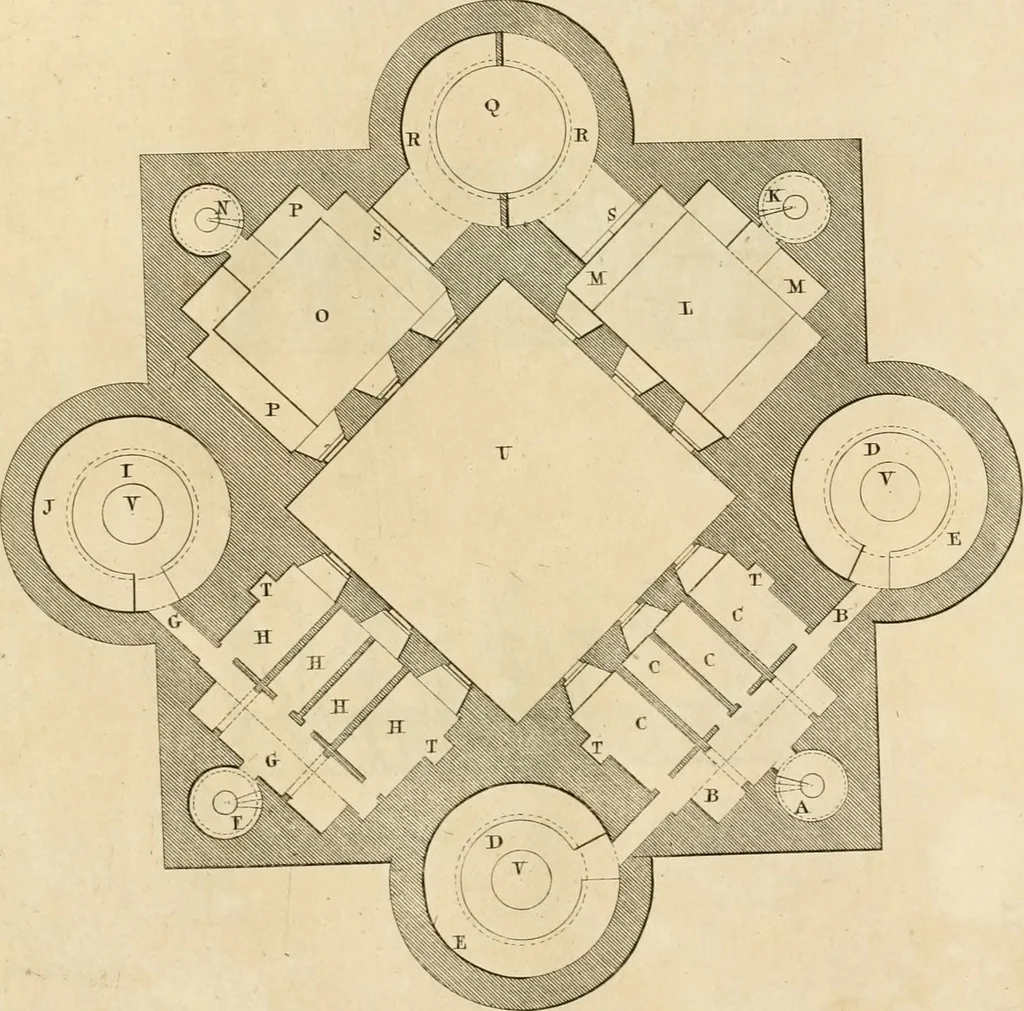 An illustration from The builder's magazine, or, A universal dictionary for architects, carpenters, masons, bricklayers, &c. as well as for every gentleman who would wish to be a competent judge of the elegant and necessary art of building : consisting of designs in architecture ... : together with the plans and sections serving as an unerring assistant in the construction of any building, from a palace to a cottage ..., 1800, leaf 370