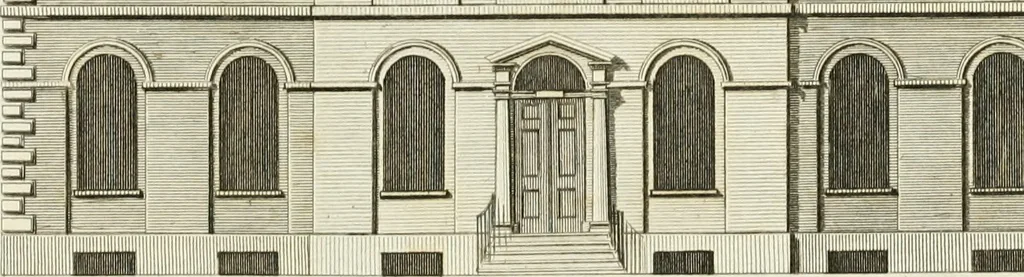 An illustration from The builder's magazine, or, A universal dictionary for architects, carpenters, masons, bricklayers, &c. as well as for every gentleman who would wish to be a competent judge of the elegant and necessary art of building : consisting of designs in architecture ... : together with the plans and sections serving as an unerring assistant in the construction of any building, from a palace to a cottage ..., 1800, leaf 38