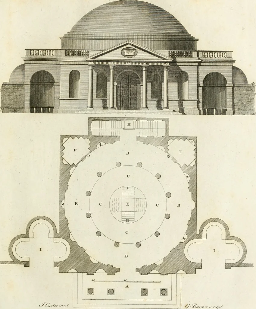 An illustration from The builder's magazine, or, A universal dictionary for architects, carpenters, masons, bricklayers, &c. as well as for every gentleman who would wish to be a competent judge of the elegant and necessary art of building : consisting of designs in architecture ... : together with the plans and sections serving as an unerring assistant in the construction of any building, from a palace to a cottage ..., 1800, leaf 40