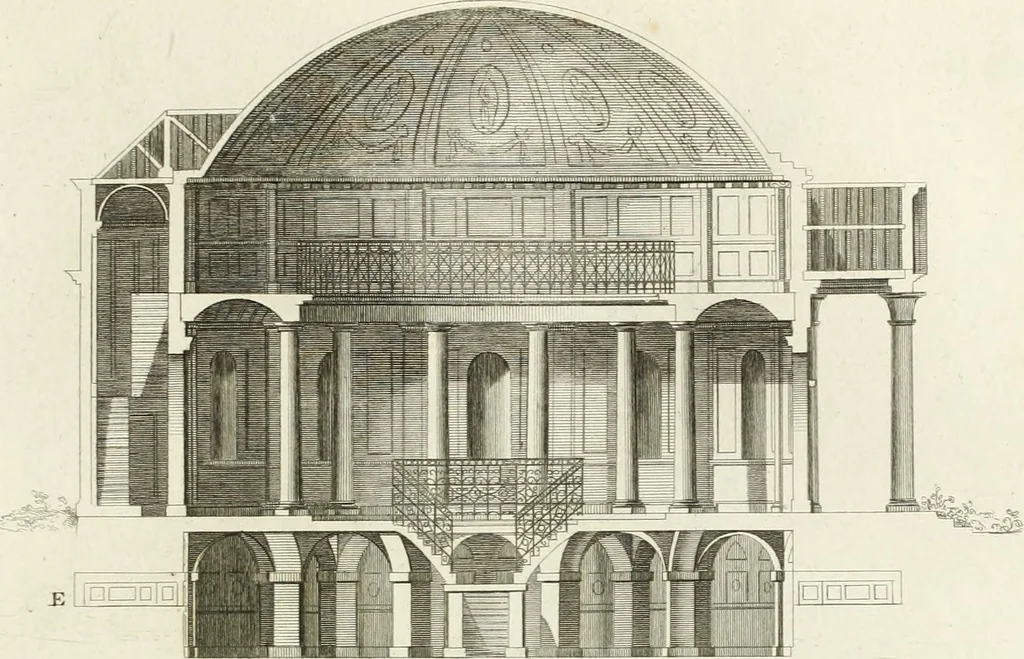 An illustration from The builder's magazine, or, A universal dictionary for architects, carpenters, masons, bricklayers, &c. as well as for every gentleman who would wish to be a competent judge of the elegant and necessary art of building : consisting of designs in architecture ... : together with the plans and sections serving as an unerring assistant in the construction of any building, from a palace to a cottage ..., 1800, leaf 44