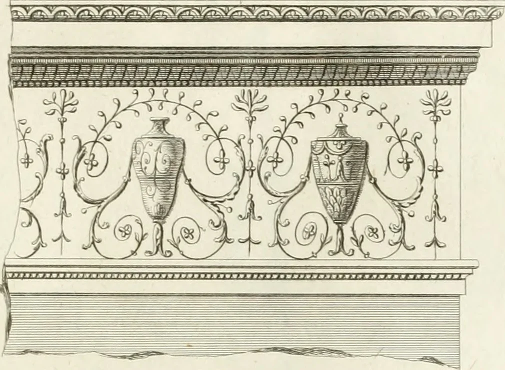 An illustration from The builder's magazine, or, A universal dictionary for architects, carpenters, masons, bricklayers, &c. as well as for every gentleman who would wish to be a competent judge of the elegant and necessary art of building : consisting of designs in architecture ... : together with the plans and sections serving as an unerring assistant in the construction of any building, from a palace to a cottage ..., 1800, leaf 46
