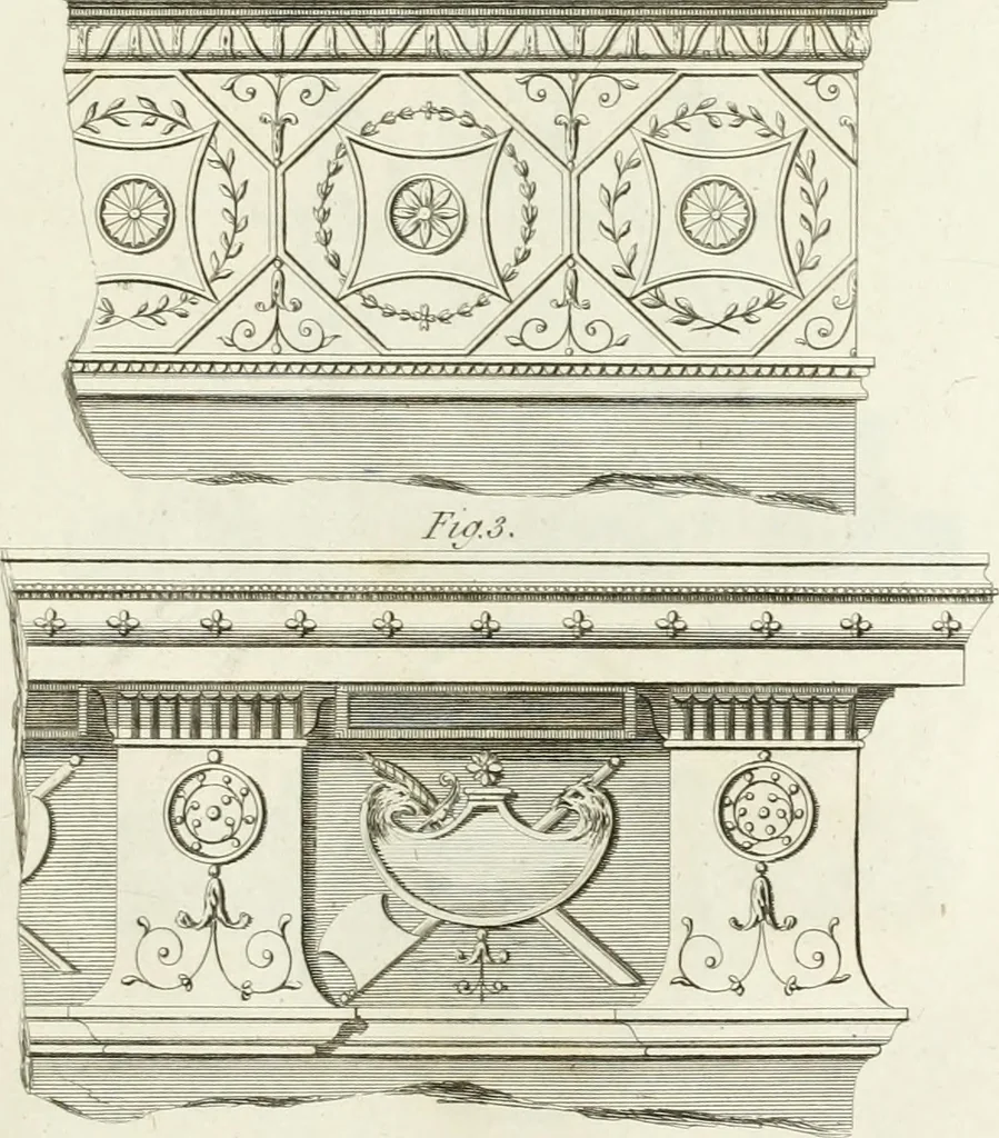 An illustration from The builder's magazine, or, A universal dictionary for architects, carpenters, masons, bricklayers, &c. as well as for every gentleman who would wish to be a competent judge of the elegant and necessary art of building : consisting of designs in architecture ... : together with the plans and sections serving as an unerring assistant in the construction of any building, from a palace to a cottage ..., 1800, leaf 46