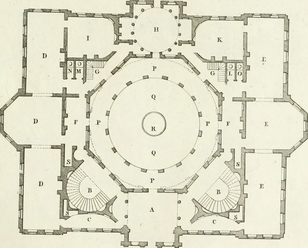 An illustration from The builder's magazine, or, A universal dictionary for architects, carpenters, masons, bricklayers, &c. as well as for every gentleman who would wish to be a competent judge of the elegant and necessary art of building : consisting of designs in architecture ... : together with the plans and sections serving as an unerring assistant in the construction of any building, from a palace to a cottage ..., 1800, leaf 52