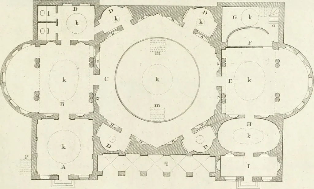 An illustration from The builder's magazine, or, A universal dictionary for architects, carpenters, masons, bricklayers, &c. as well as for every gentleman who would wish to be a competent judge of the elegant and necessary art of building : consisting of designs in architecture ... : together with the plans and sections serving as an unerring assistant in the construction of any building, from a palace to a cottage ..., 1800, leaf 54