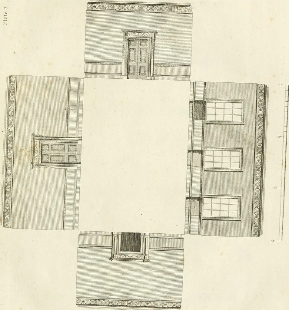 An illustration from The builder's magazine, or, A universal dictionary for architects, carpenters, masons, bricklayers, &c. as well as for every gentleman who would wish to be a competent judge of the elegant and necessary art of building : consisting of designs in architecture ... : together with the plans and sections serving as an unerring assistant in the construction of any building, from a palace to a cottage ..., 1800, leaf 6