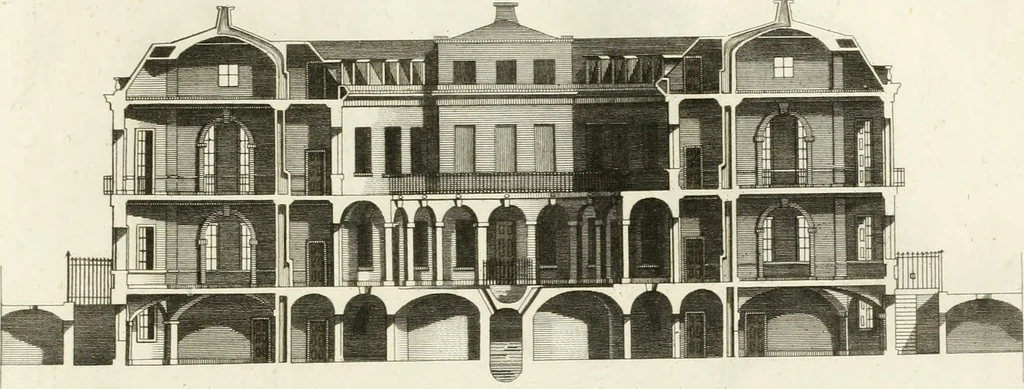 An illustration from The builder's magazine, or, A universal dictionary for architects, carpenters, masons, bricklayers, &c. as well as for every gentleman who would wish to be a competent judge of the elegant and necessary art of building : consisting of designs in architecture ... : together with the plans and sections serving as an unerring assistant in the construction of any building, from a palace to a cottage ..., 1800, leaf 60