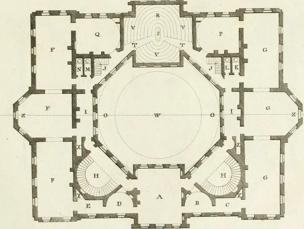 An illustration from The builder's magazine, or, A universal dictionary for architects, carpenters, masons, bricklayers, &c. as well as for every gentleman who would wish to be a competent judge of the elegant and necessary art of building : consisting of designs in architecture ... : together with the plans and sections serving as an unerring assistant in the construction of any building, from a palace to a cottage ..., 1800, leaf 60