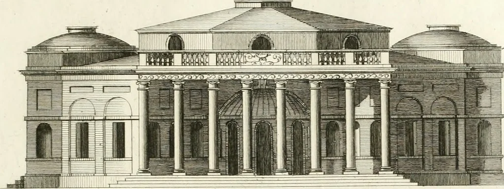 An illustration from The builder's magazine, or, A universal dictionary for architects, carpenters, masons, bricklayers, &c. as well as for every gentleman who would wish to be a competent judge of the elegant and necessary art of building : consisting of designs in architecture ... : together with the plans and sections serving as an unerring assistant in the construction of any building, from a palace to a cottage ..., 1800, leaf 62
