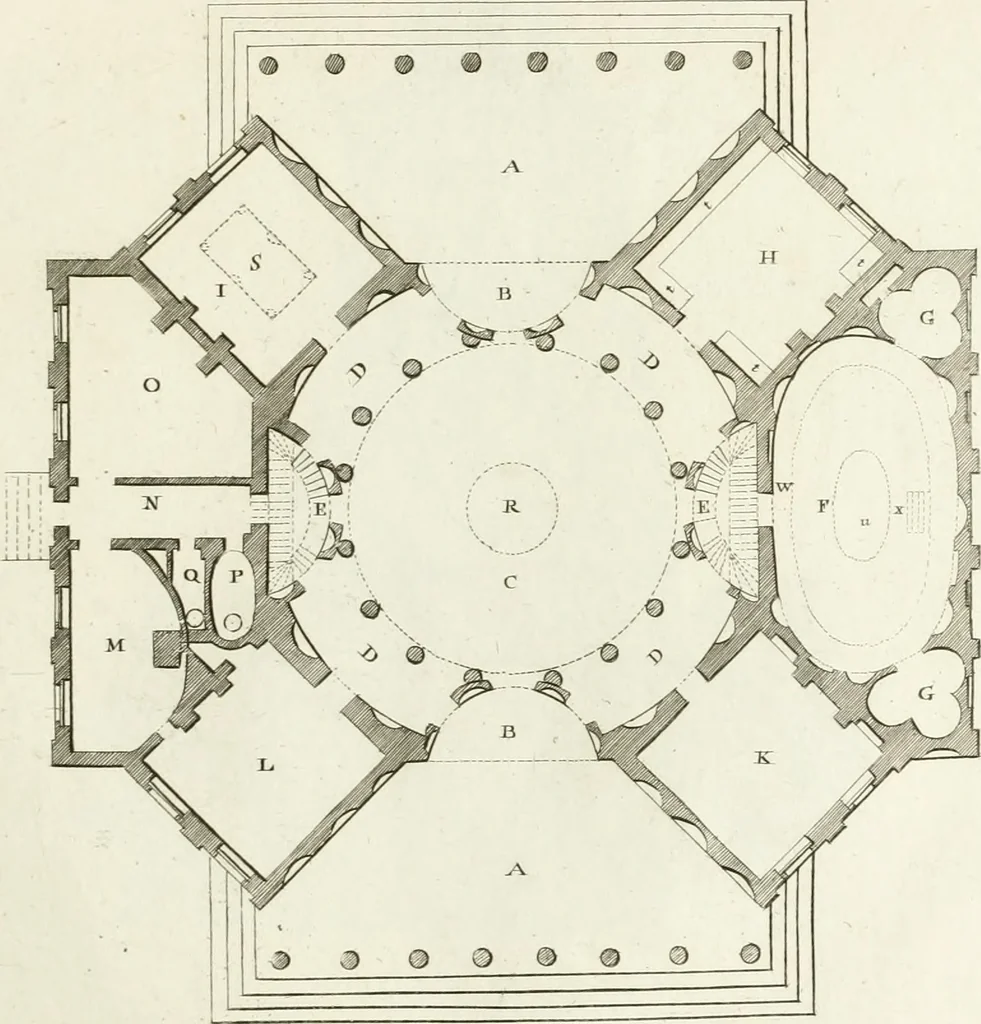An illustration from The builder's magazine, or, A universal dictionary for architects, carpenters, masons, bricklayers, &c. as well as for every gentleman who would wish to be a competent judge of the elegant and necessary art of building : consisting of designs in architecture ... : together with the plans and sections serving as an unerring assistant in the construction of any building, from a palace to a cottage ..., 1800, leaf 62