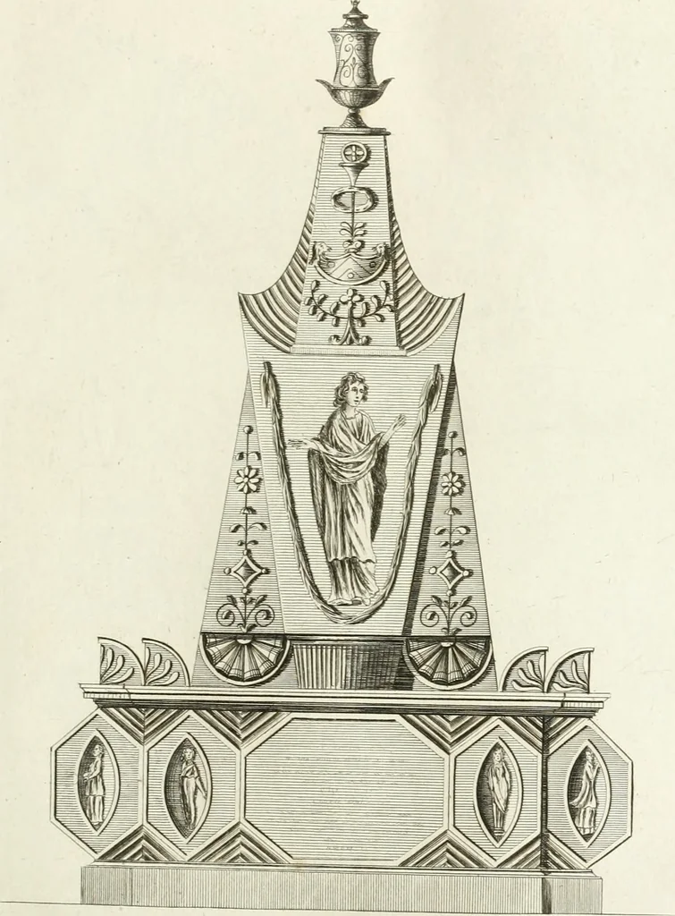An illustration from The builder's magazine, or, A universal dictionary for architects, carpenters, masons, bricklayers, &c. as well as for every gentleman who would wish to be a competent judge of the elegant and necessary art of building : consisting of designs in architecture ... : together with the plans and sections serving as an unerring assistant in the construction of any building, from a palace to a cottage ..., 1800, leaf 64