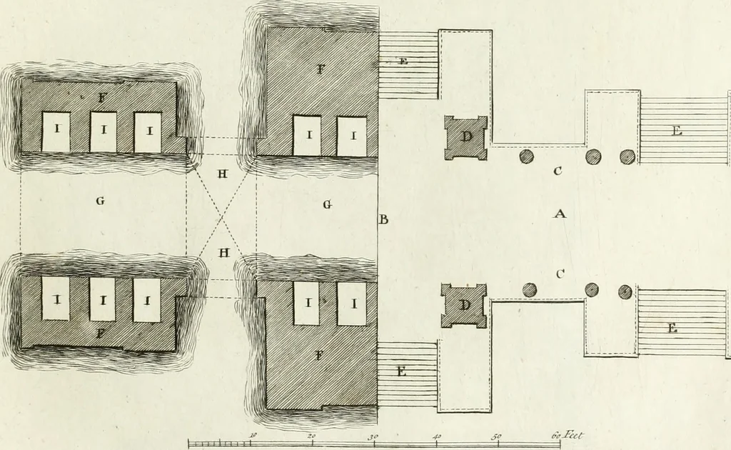 An illustration from The builder's magazine, or, A universal dictionary for architects, carpenters, masons, bricklayers, &c. as well as for every gentleman who would wish to be a competent judge of the elegant and necessary art of building : consisting of designs in architecture ... : together with the plans and sections serving as an unerring assistant in the construction of any building, from a palace to a cottage ..., 1800, leaf 68