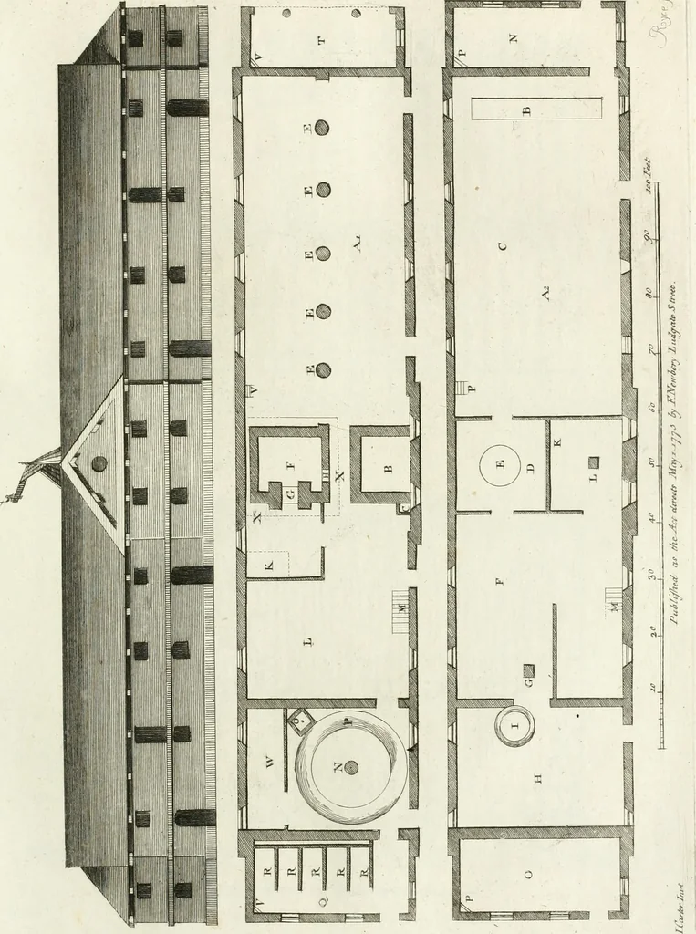 An illustration from The builder's magazine, or, A universal dictionary for architects, carpenters, masons, bricklayers, &c. as well as for every gentleman who would wish to be a competent judge of the elegant and necessary art of building : consisting of designs in architecture ... : together with the plans and sections serving as an unerring assistant in the construction of any building, from a palace to a cottage ..., 1800, leaf 72