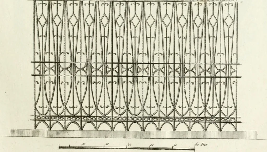 An illustration from The builder's magazine, or, A universal dictionary for architects, carpenters, masons, bricklayers, &c. as well as for every gentleman who would wish to be a competent judge of the elegant and necessary art of building : consisting of designs in architecture ... : together with the plans and sections serving as an unerring assistant in the construction of any building, from a palace to a cottage ..., 1800, leaf 74