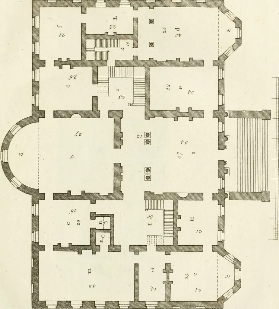 An illustration from The builder's magazine, or, A universal dictionary for architects, carpenters, masons, bricklayers, &c. as well as for every gentleman who would wish to be a competent judge of the elegant and necessary art of building : consisting of designs in architecture ... : together with the plans and sections serving as an unerring assistant in the construction of any building, from a palace to a cottage ..., 1800, leaf 8
