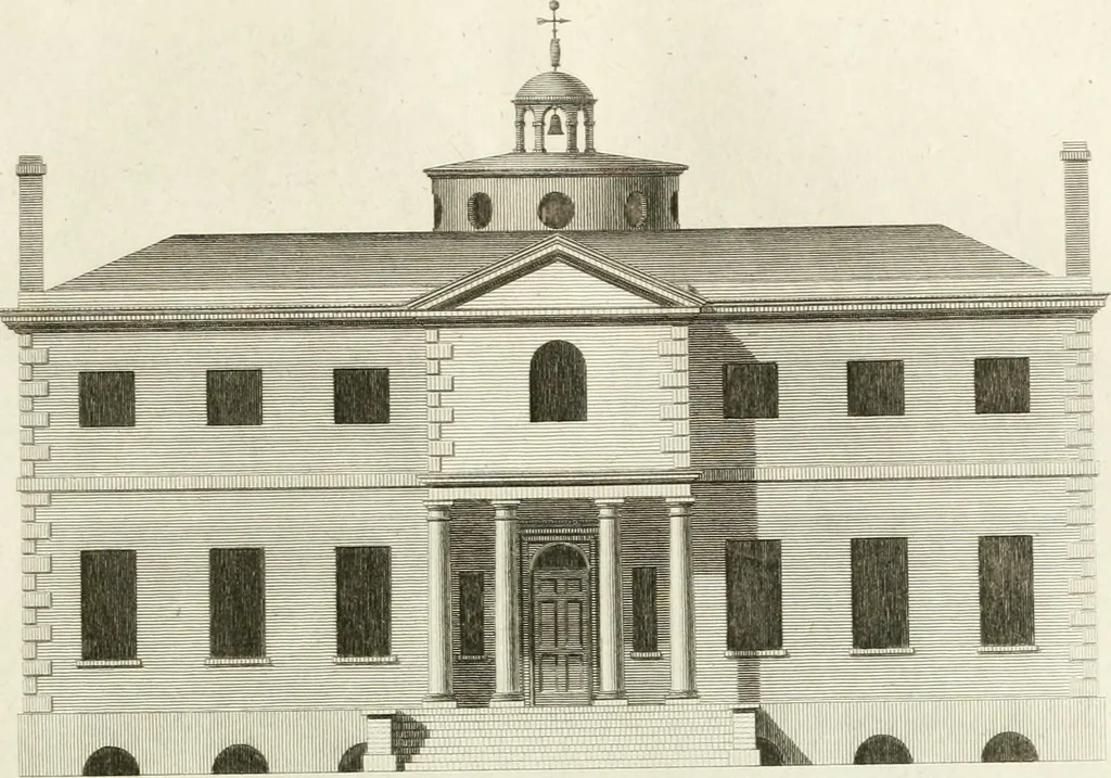 An illustration from The builder's magazine, or, A universal dictionary for architects, carpenters, masons, bricklayers, &c. as well as for every gentleman who would wish to be a competent judge of the elegant and necessary art of building : consisting of designs in architecture ... : together with the plans and sections serving as an unerring assistant in the construction of any building, from a palace to a cottage ..., 1800, leaf 80