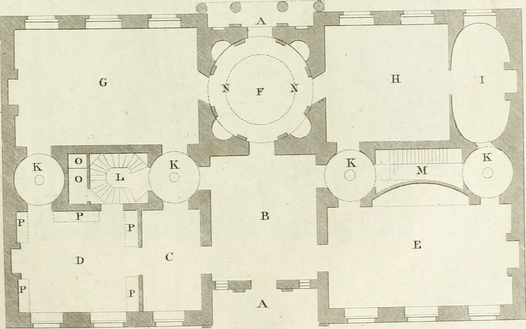An illustration from The builder's magazine, or, A universal dictionary for architects, carpenters, masons, bricklayers, &c. as well as for every gentleman who would wish to be a competent judge of the elegant and necessary art of building : consisting of designs in architecture ... : together with the plans and sections serving as an unerring assistant in the construction of any building, from a palace to a cottage ..., 1800, leaf 80
