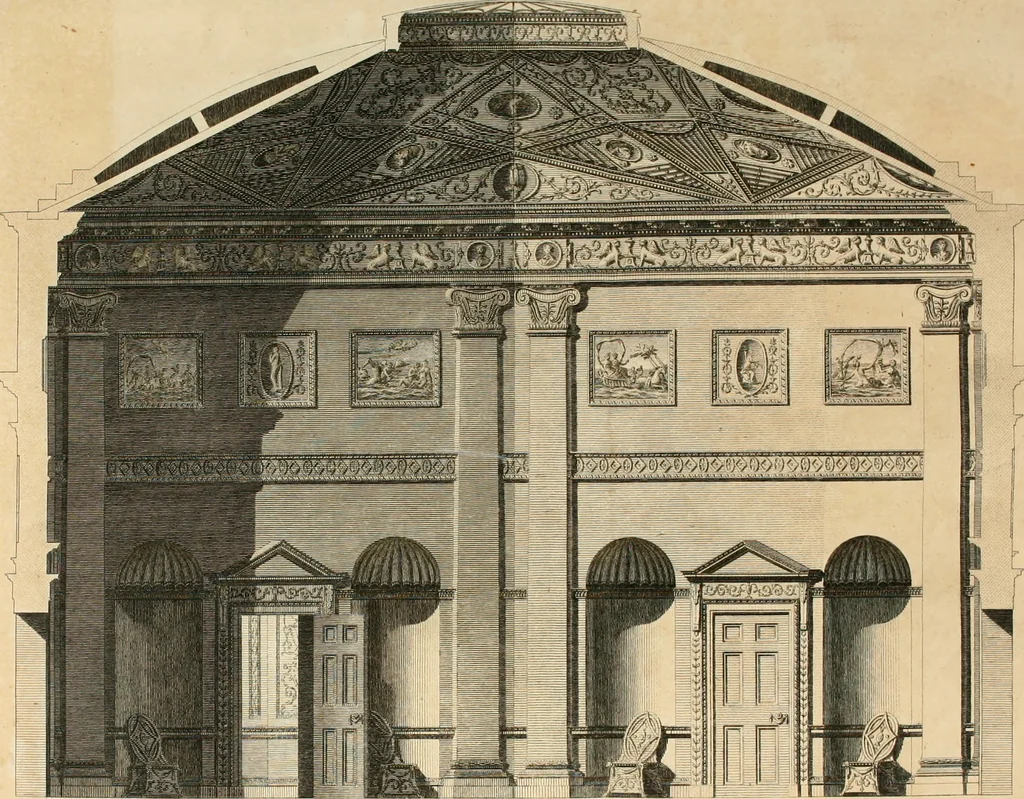 An illustration from The builder's magazine, or, A universal dictionary for architects, carpenters, masons, bricklayers, &c. as well as for every gentleman who would wish to be a competent judge of the elegant and necessary art of building : consisting of designs in architecture ... : together with the plans and sections serving as an unerring assistant in the construction of any building, from a palace to a cottage ..., 1800, leaf 85
