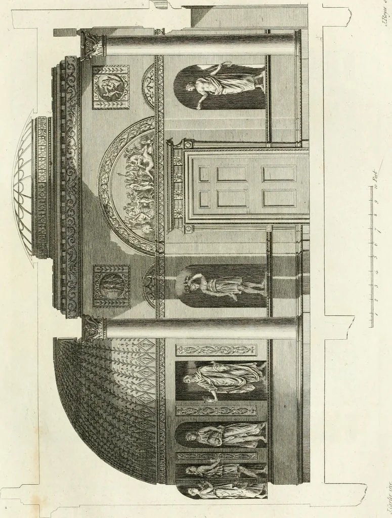 An illustration from The builder's magazine, or, A universal dictionary for architects, carpenters, masons, bricklayers, &c. as well as for every gentleman who would wish to be a competent judge of the elegant and necessary art of building : consisting of designs in architecture ... : together with the plans and sections serving as an unerring assistant in the construction of any building, from a palace to a cottage ..., 1800, leaf 90
