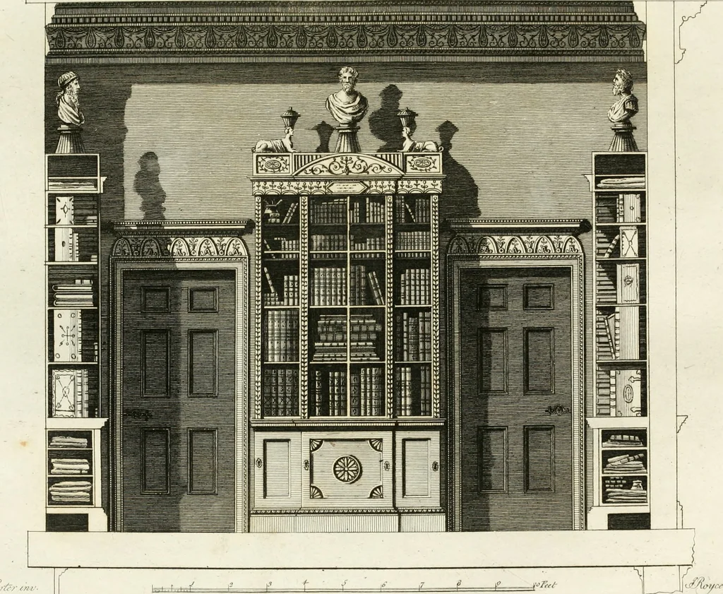 An illustration from The builder's magazine, or, A universal dictionary for architects, carpenters, masons, bricklayers, &c. as well as for every gentleman who would wish to be a competent judge of the elegant and necessary art of building : consisting of designs in architecture ... : together with the plans and sections serving as an unerring assistant in the construction of any building, from a palace to a cottage ..., 1800, leaf 92