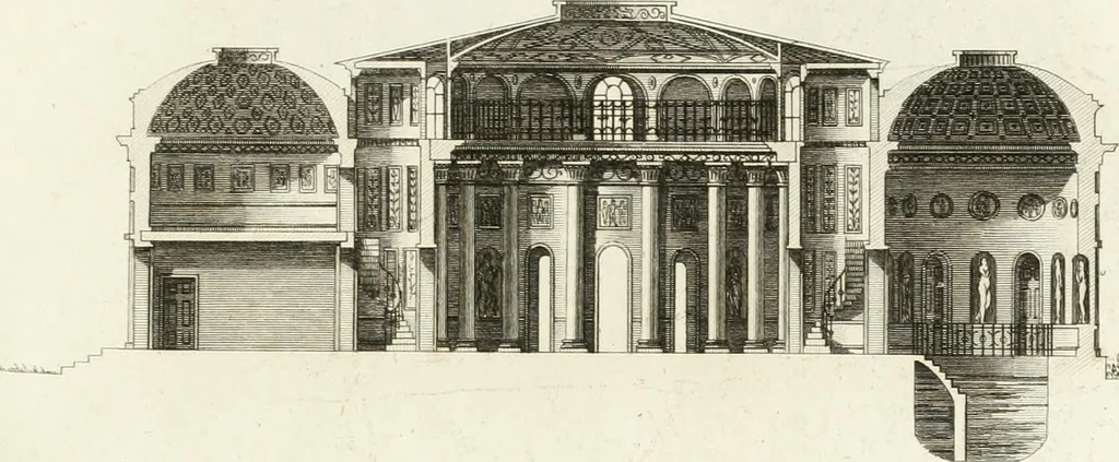 An illustration from The builder's magazine, or, A universal dictionary for architects, carpenters, masons, bricklayers, &c. as well as for every gentleman who would wish to be a competent judge of the elegant and necessary art of building : consisting of designs in architecture ... : together with the plans and sections serving as an unerring assistant in the construction of any building, from a palace to a cottage ..., 1800, leaf 98
