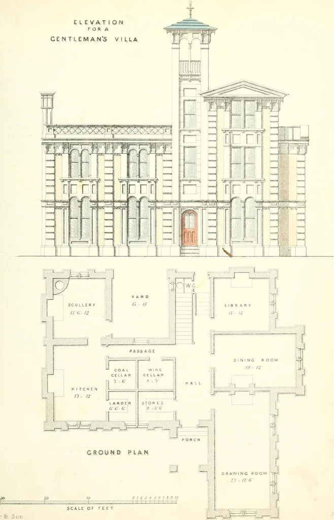 An illustration from The builder's practical director; or, Buildings for all classes, containing plans, sections and elevations for the erection of cottages, villas, farm buildings, dispensaries, public schools, &c., with detailed estimates, quantities, prices, &c. .., 1855, leaf 110