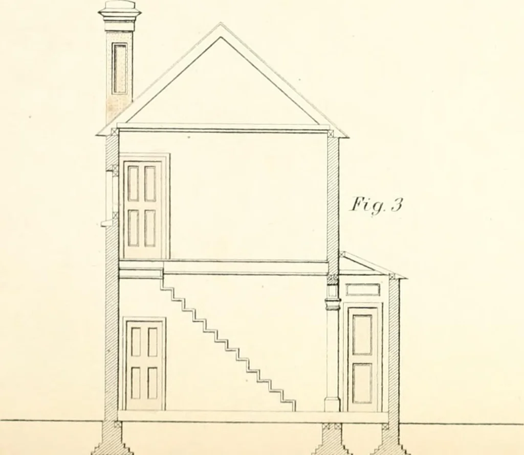 An illustration from The builder's practical director; or, Buildings for all classes, containing plans, sections and elevations for the erection of cottages, villas, farm buildings, dispensaries, public schools, &c., with detailed estimates, quantities, prices, &c. .., 1855, leaf 130