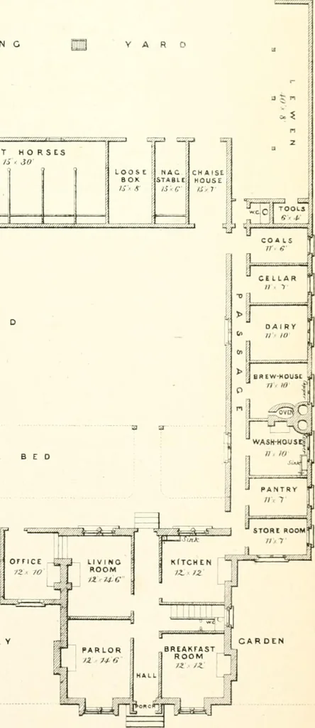 An illustration from The builder's practical director; or, Buildings for all classes, containing plans, sections and elevations for the erection of cottages, villas, farm buildings, dispensaries, public schools, &c., with detailed estimates, quantities, prices, &c. .., 1855, leaf 154